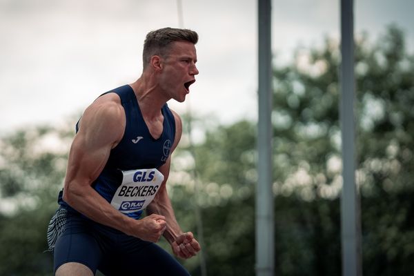 Nico Beckers (LAV Bayer Uerdingen/Dormagen) freut sich beim Hochsprung am 07.05.2022 beim Stadtwerke Ratingen Mehrkampf-Meeting 2022 in Ratingen